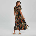 Vintage Floral Skull Pattern Print Short Sleeve Maxi Dress