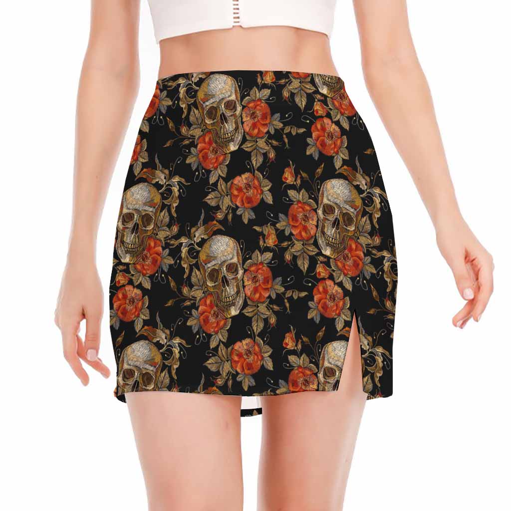 Vintage Floral Skull Pattern Print Side Slit Mini Skirt