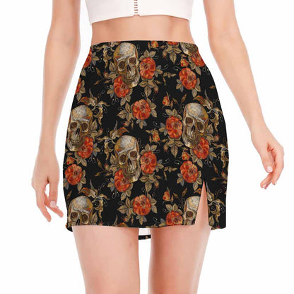 Vintage Floral Skull Pattern Print Side Slit Mini Skirt