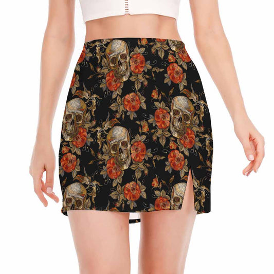 Vintage Floral Skull Pattern Print Side Slit Mini Skirt