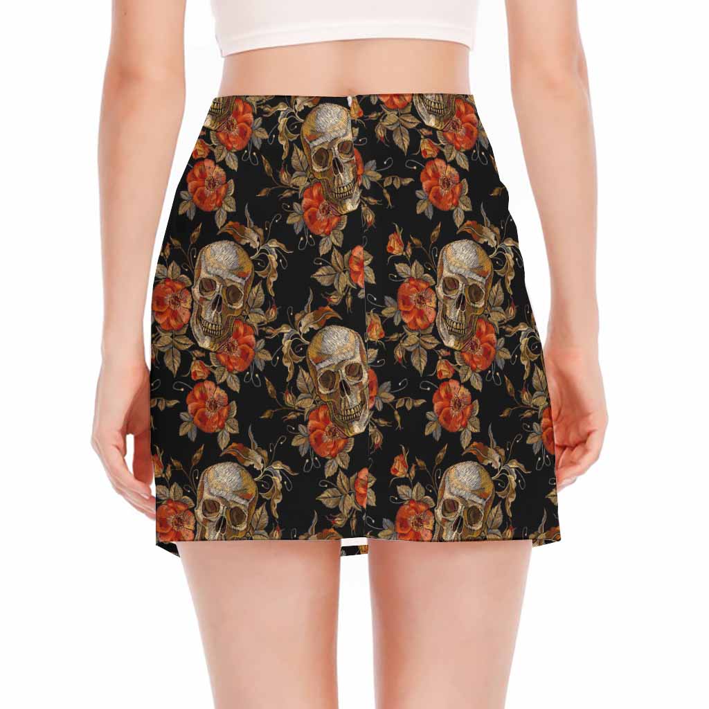 Vintage Floral Skull Pattern Print Side Slit Mini Skirt