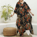Vintage Floral Skull Pattern Print Silk V-Neck Kaftan Dress