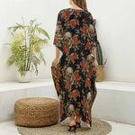 Vintage Floral Skull Pattern Print Silk V-Neck Kaftan Dress