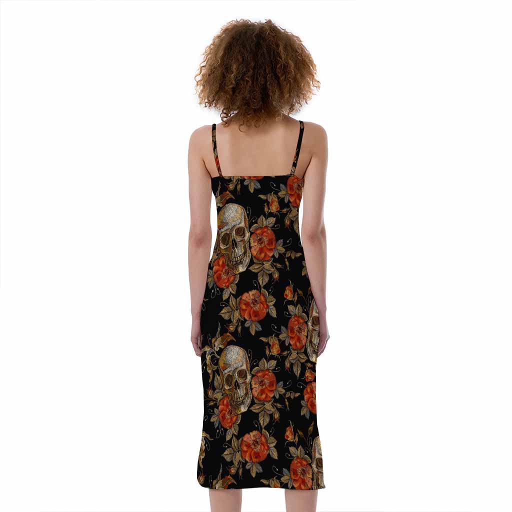 Vintage Floral Skull Pattern Print Slim Fit Midi Cami Dress