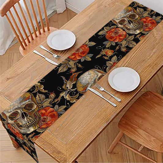 Vintage Floral Skull Pattern Print Table Runner