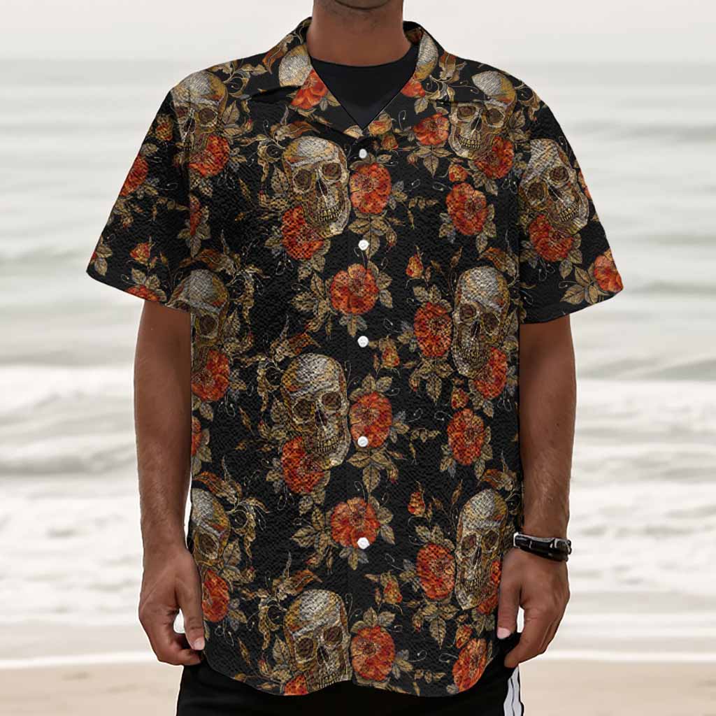 Vintage Floral Skull Pattern Print Textured Short Sleeve Shirt