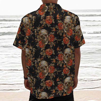 Vintage Floral Skull Pattern Print Textured Short Sleeve Shirt