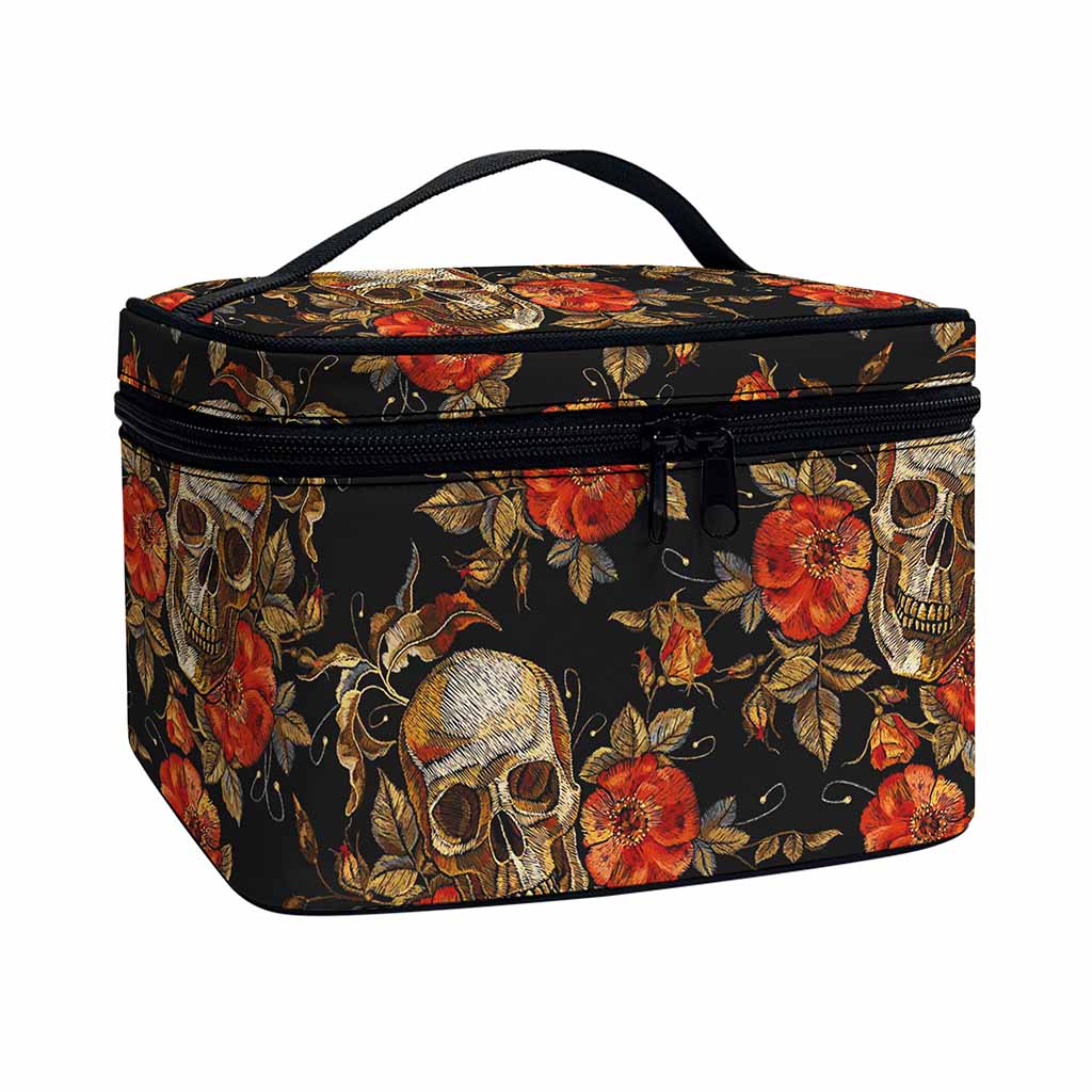 Vintage Floral Skull Pattern Print Travel Makeup Bag