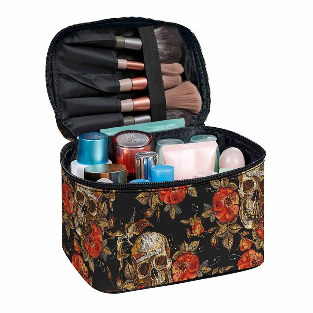 Vintage Floral Skull Pattern Print Travel Makeup Bag