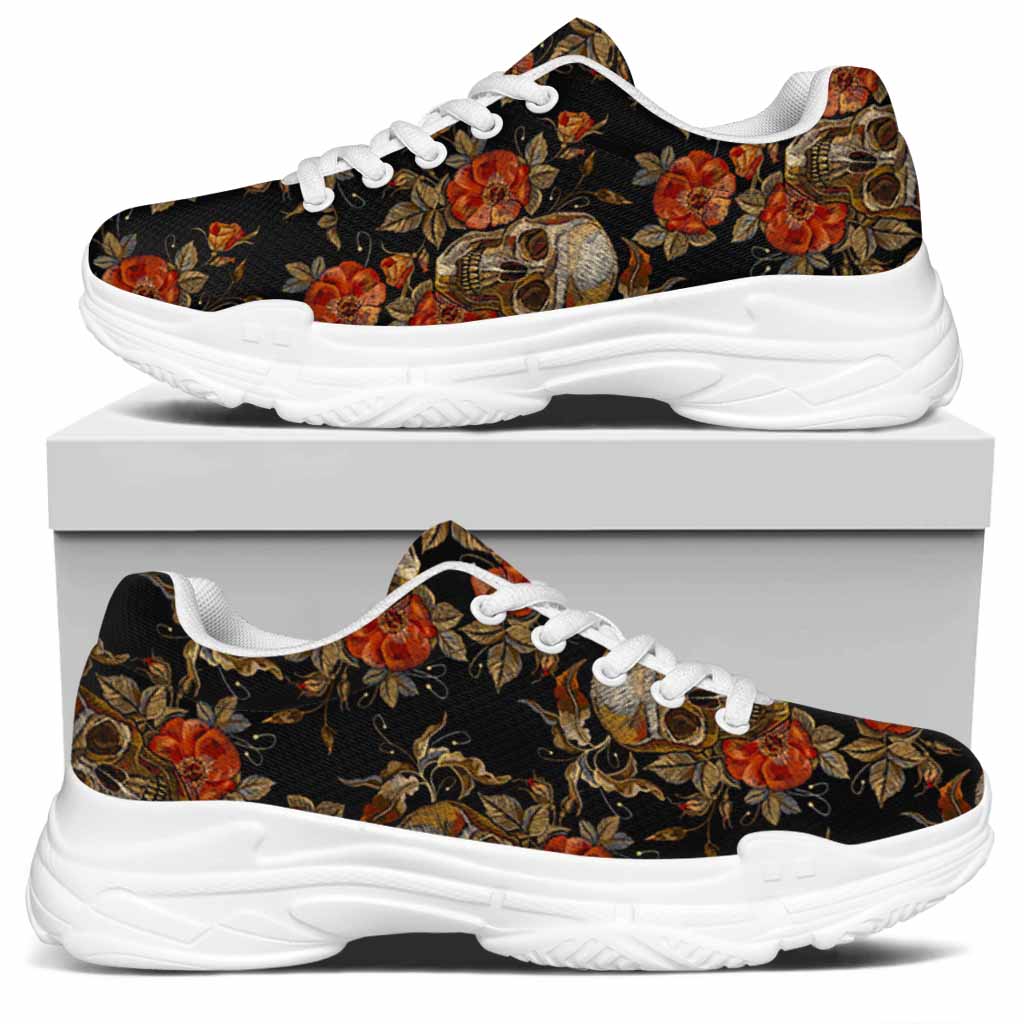 Vintage Floral Skull Pattern Print White Chunky Shoes