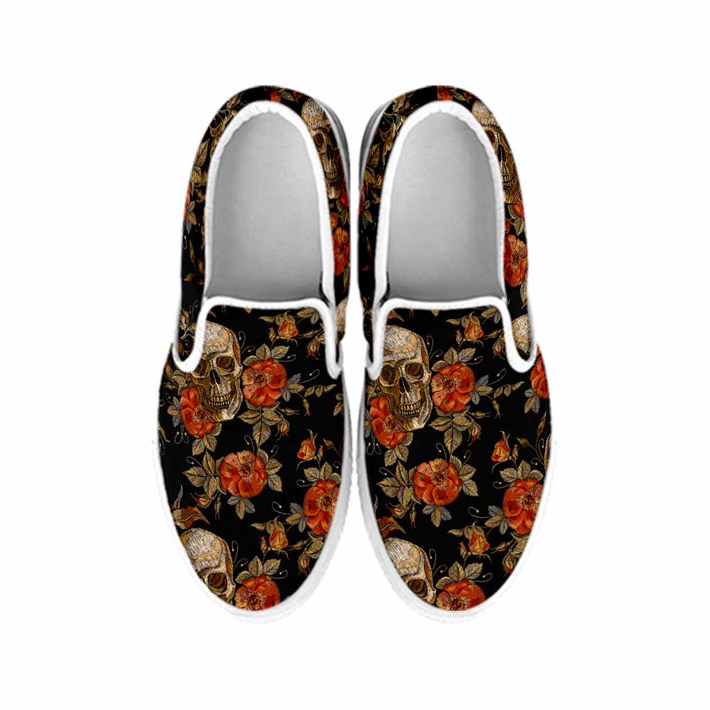 Vintage Floral Skull Pattern Print White Slip On Sneakers