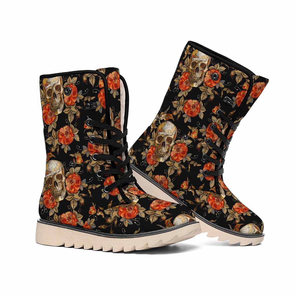 Vintage Floral Skull Pattern Print Winter Boots