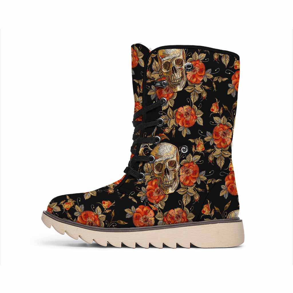 Vintage Floral Skull Pattern Print Winter Boots