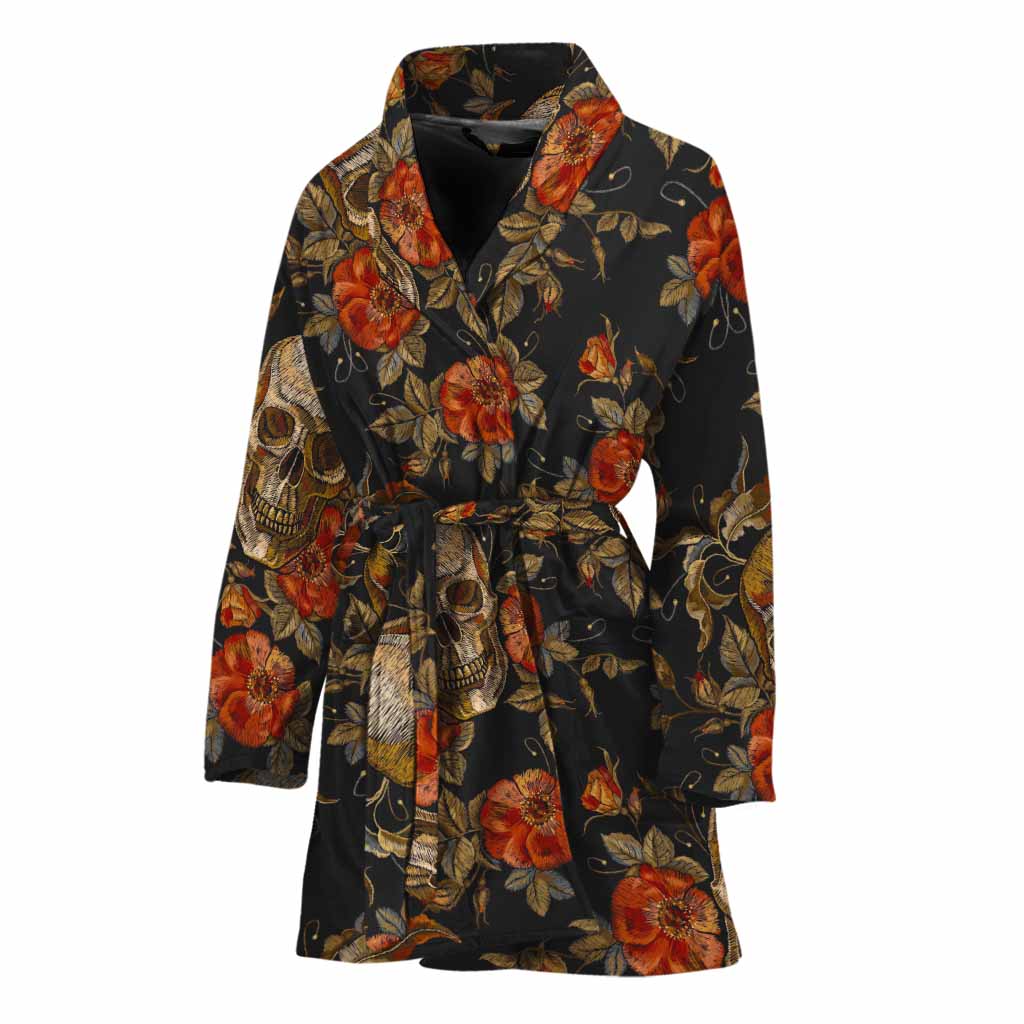 Vintage Floral Skull Pattern Print Women's Bathrobe