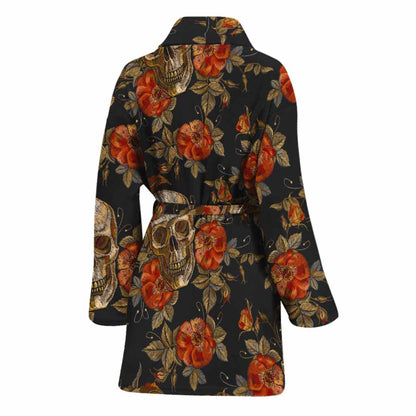 Vintage Floral Skull Pattern Print Women's Bathrobe