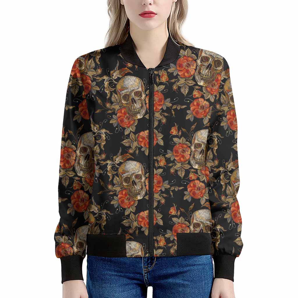 Vintage Floral Skull Pattern Print Women's Bomber Jacket