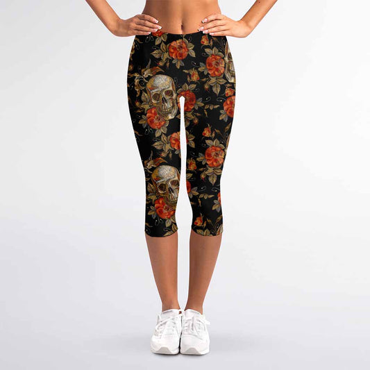 Vintage Floral Skull Pattern Print Women's Capri Leggings
