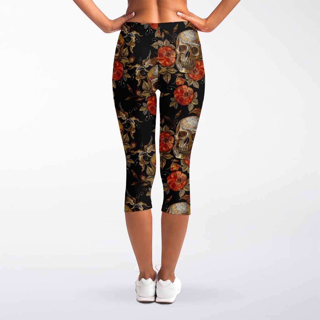 Vintage Floral Skull Pattern Print Women's Capri Leggings