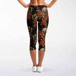 Vintage Floral Skull Pattern Print Women's Capri Leggings