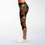 Vintage Floral Skull Pattern Print Women's Capri Leggings