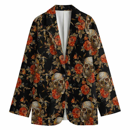 Vintage Floral Skull Pattern Print Women's Cotton Blazer