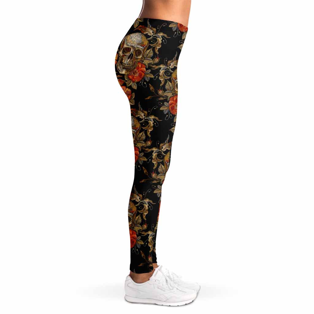 Vintage Floral Skull Pattern Print Women's Leggings