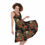 Vintage Floral Skull Pattern Print Women's Sleeveless Dress