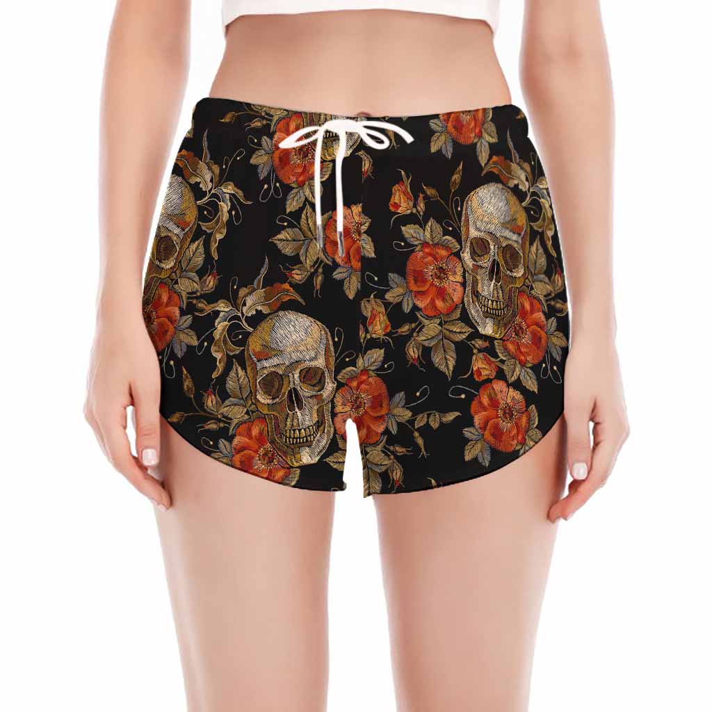 Vintage Floral Skull Pattern Print Women's Split Running Shorts
