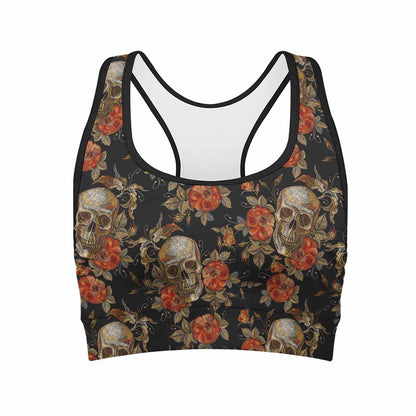 Vintage Floral Skull Pattern Print Women's Sports Bra