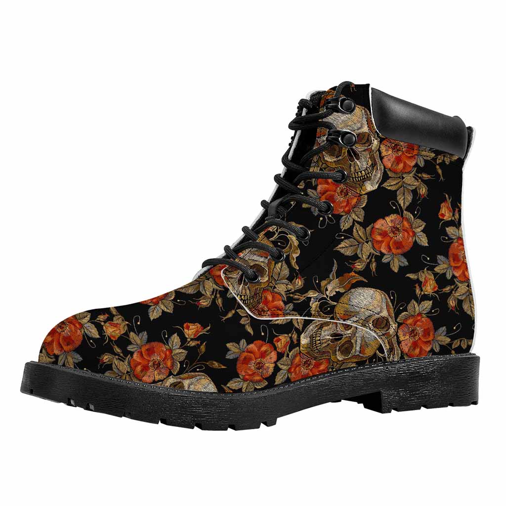 Vintage Floral Skull Pattern Print Work Boots