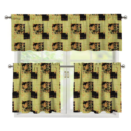 Vintage Flower Patchwork Pattern Print 3 Piece Kitchen Curtains