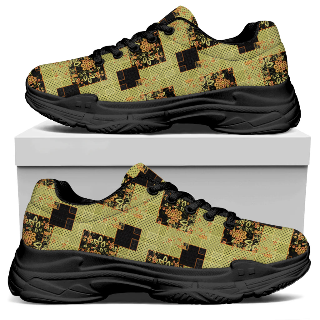 Vintage Flower Patchwork Pattern Print Black Chunky Shoes