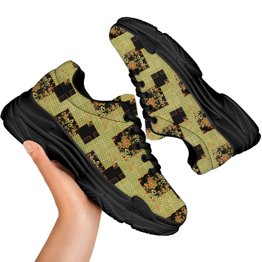 Vintage Flower Patchwork Pattern Print Black Chunky Shoes