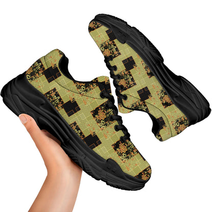 Vintage Flower Patchwork Pattern Print Black Chunky Shoes