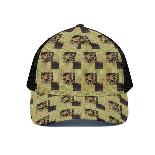 Vintage Flower Patchwork Pattern Print Black Mesh Trucker Cap