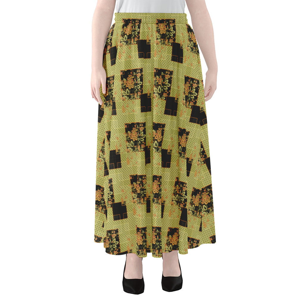 Vintage Flower Patchwork Pattern Print Chiffon Maxi Skirt