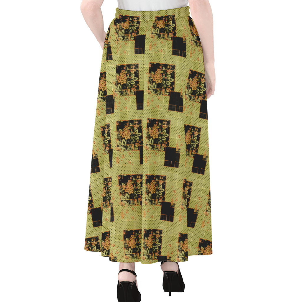Vintage Flower Patchwork Pattern Print Chiffon Maxi Skirt