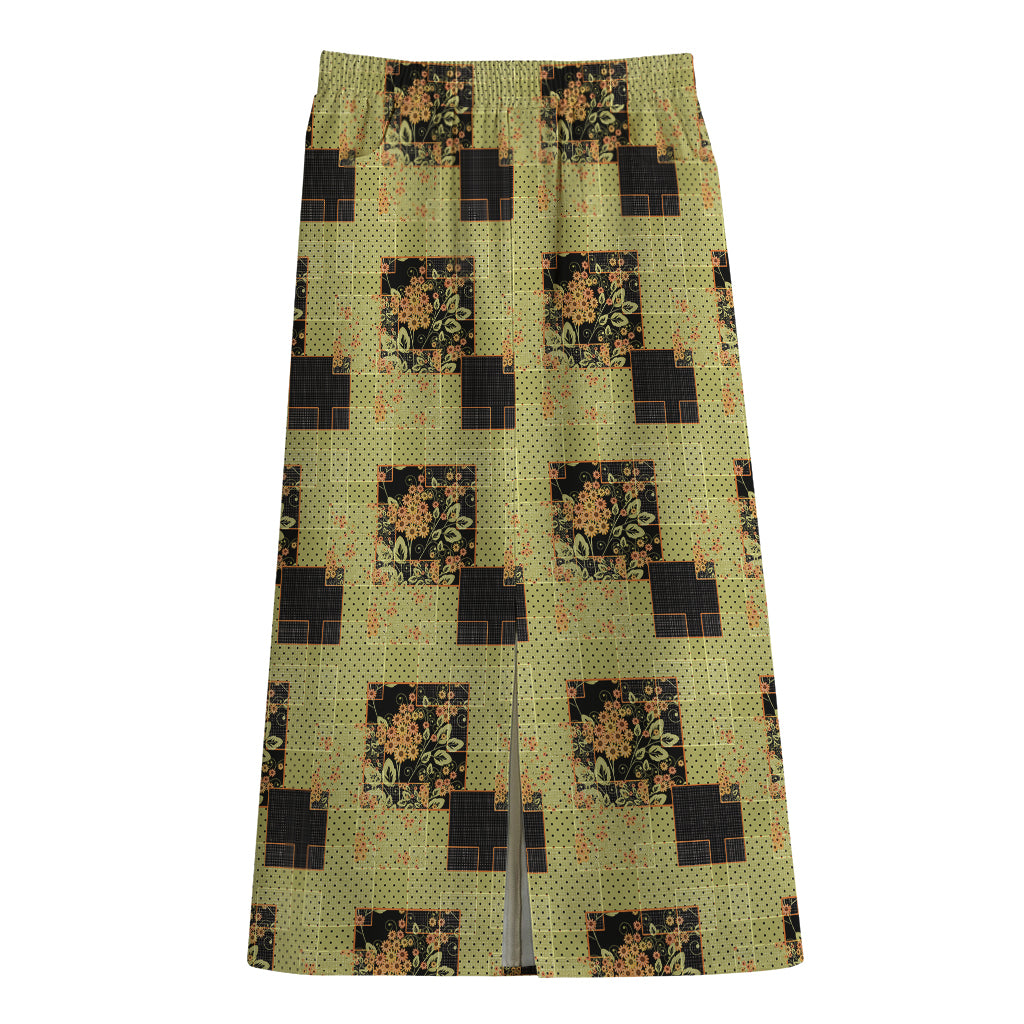 Vintage Flower Patchwork Pattern Print Cotton Front Slit Maxi Skirt