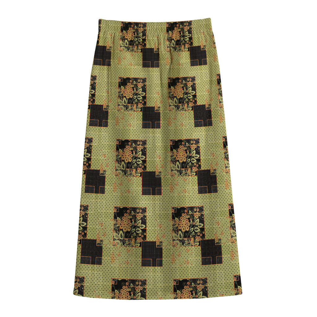 Vintage Flower Patchwork Pattern Print Cotton Front Slit Maxi Skirt