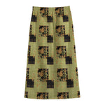 Vintage Flower Patchwork Pattern Print Cotton Front Slit Maxi Skirt