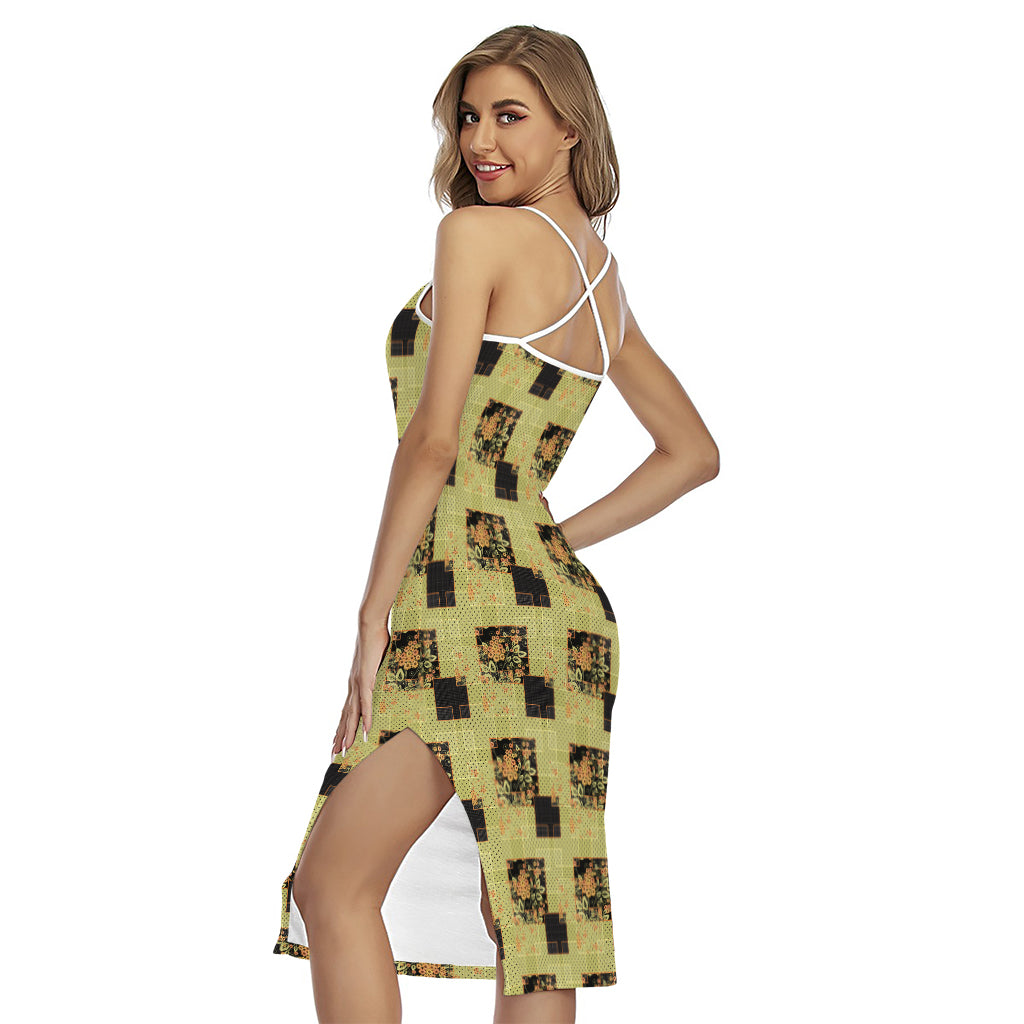 Vintage Flower Patchwork Pattern Print Cross Back Cami Dress