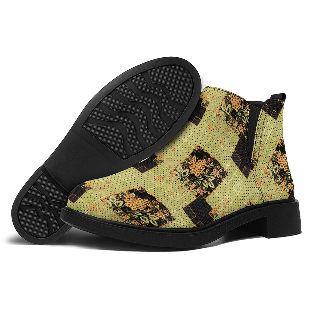 Vintage Flower Patchwork Pattern Print Flat Ankle Boots