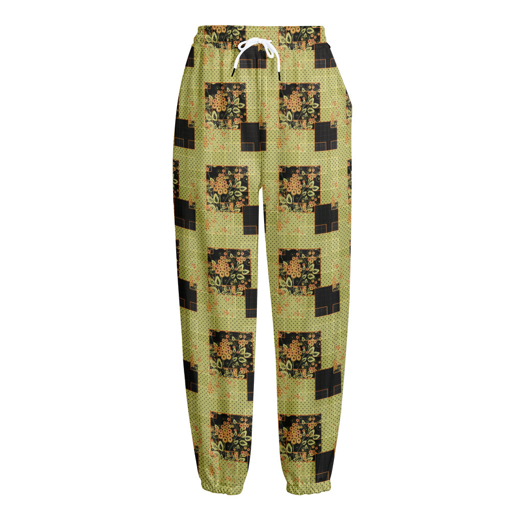 Vintage Flower Patchwork Pattern Print Fleece Lined Knit Pants