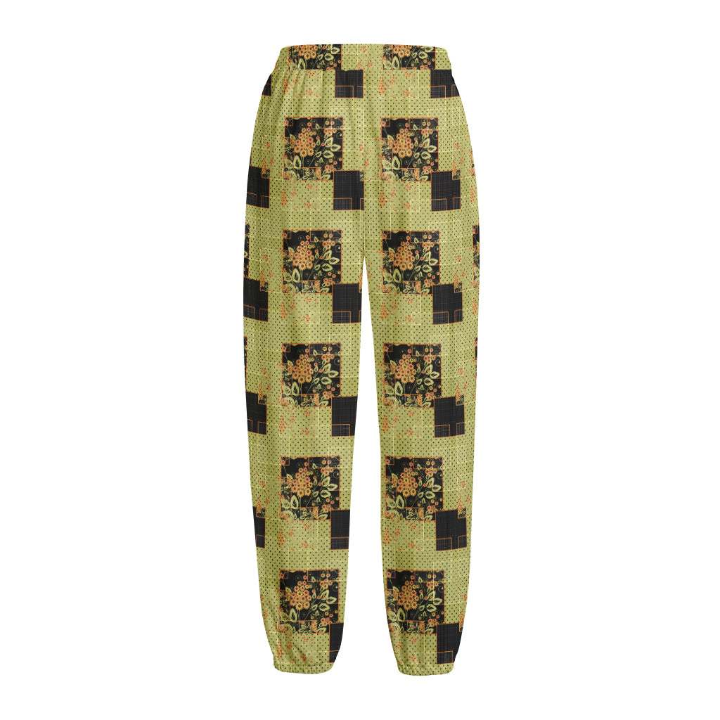 Vintage Flower Patchwork Pattern Print Fleece Lined Knit Pants