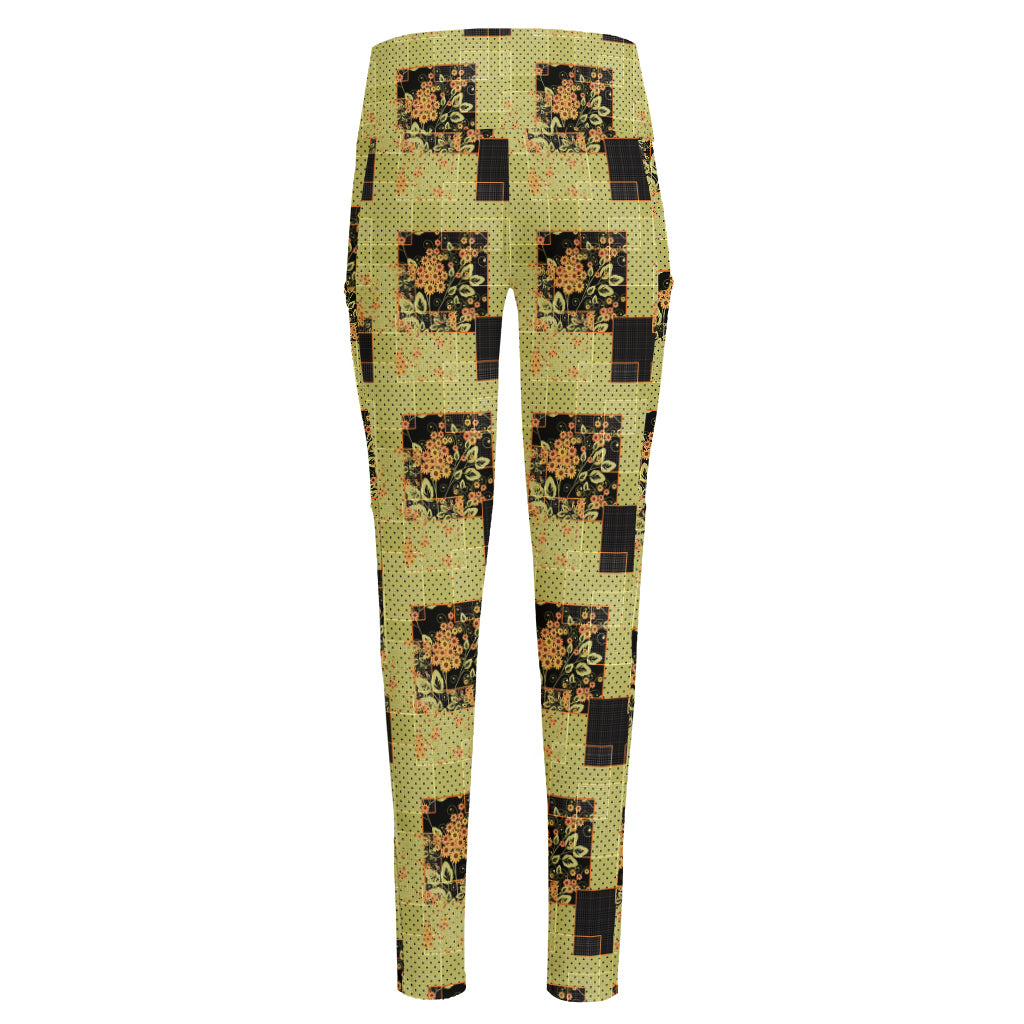 Vintage Flower Patchwork Pattern Print High-Waisted Pocket Leggings