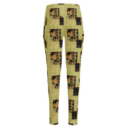 Vintage Flower Patchwork Pattern Print High-Waisted Pocket Leggings