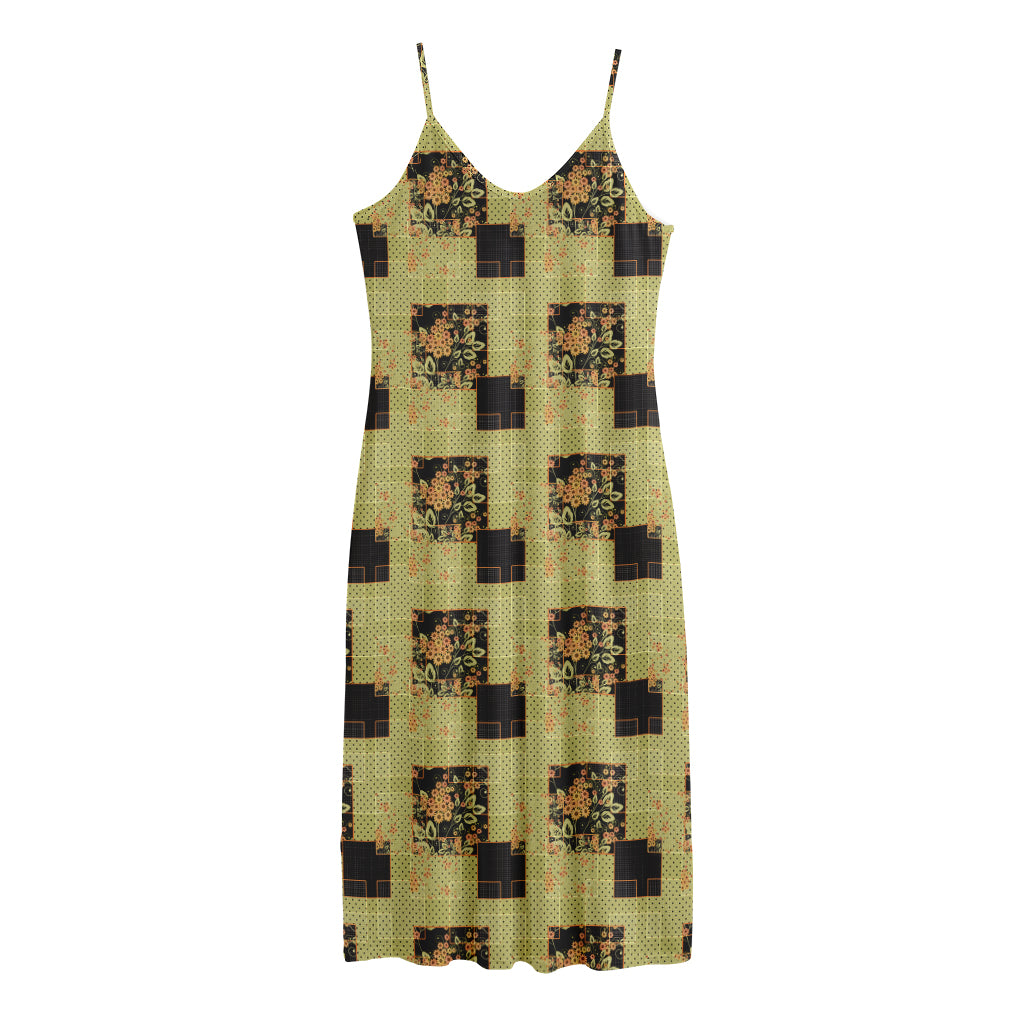 Vintage Flower Patchwork Pattern Print Jersey Midi Cami Dress