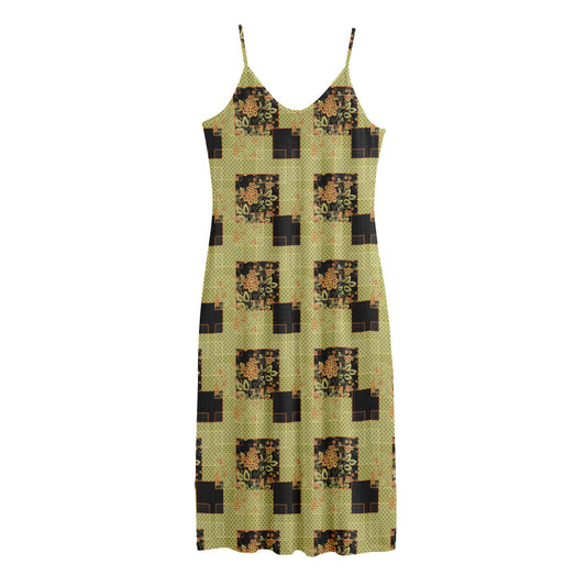 Vintage Flower Patchwork Pattern Print Jersey Midi Cami Dress