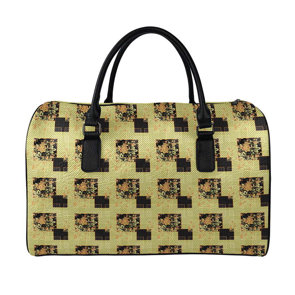 Vintage Flower Patchwork Pattern Print Leather Duffle Bag