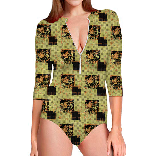 Vintage Flower Patchwork Pattern Print Long Sleeve Swimsuit